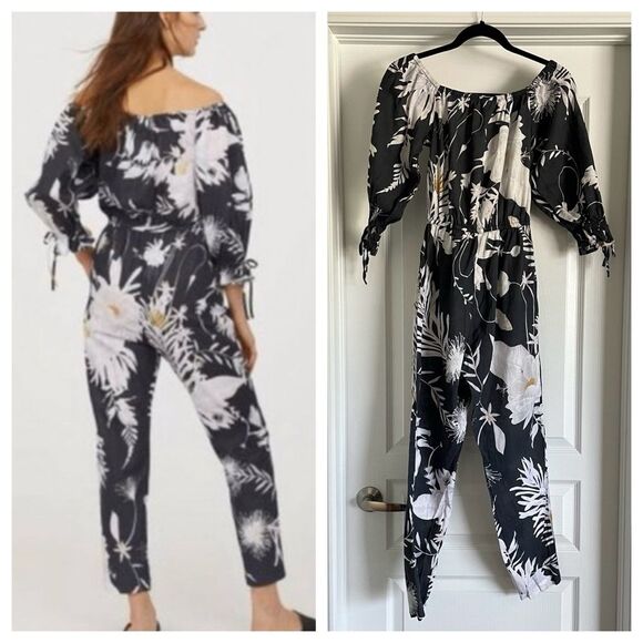Anna Glover x H & M Floral Bee Print Linen Blend Jumpsuit Black White Size 6 - Picture 4 of 12